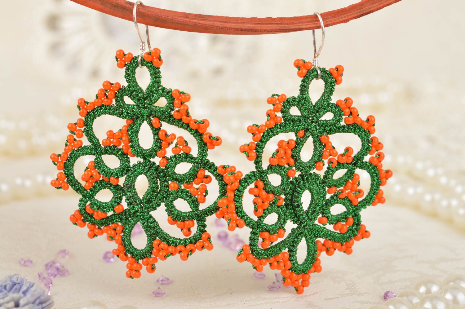 Handmade beautiful designer woven tatting earrings with Czech beads for girls photo 1