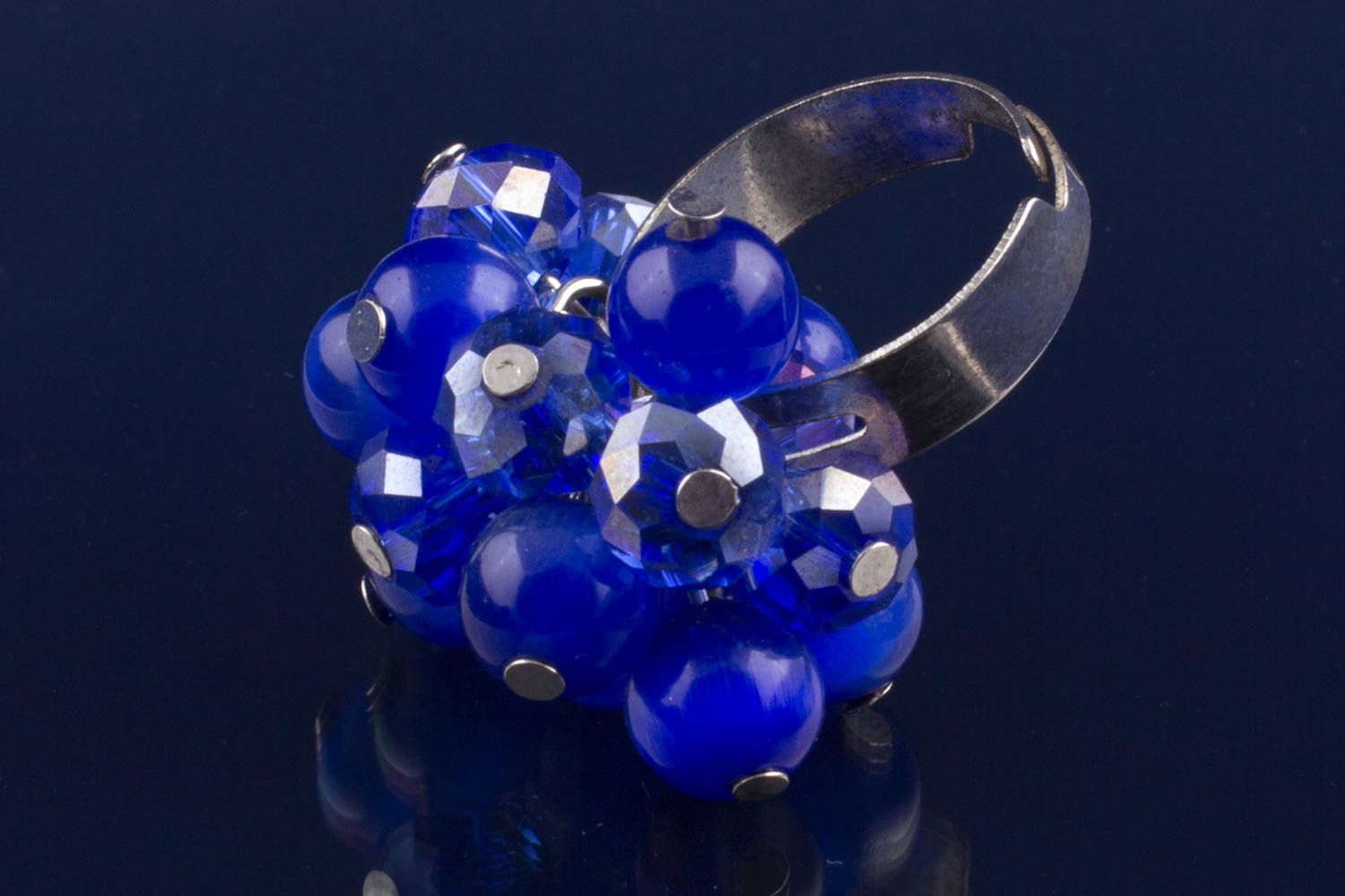 Handmade jewelry ring with blue natural stone beads on metal basis adjustable photo 3