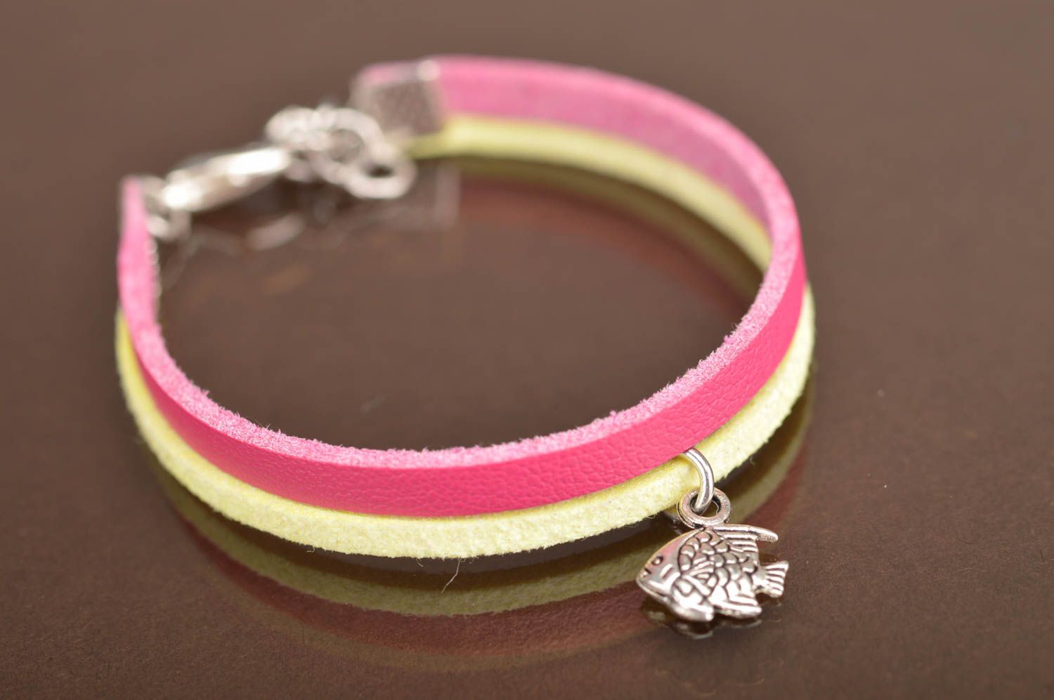 Genuine leather bracelet with charm handmade designer accessory with fish  photo 3