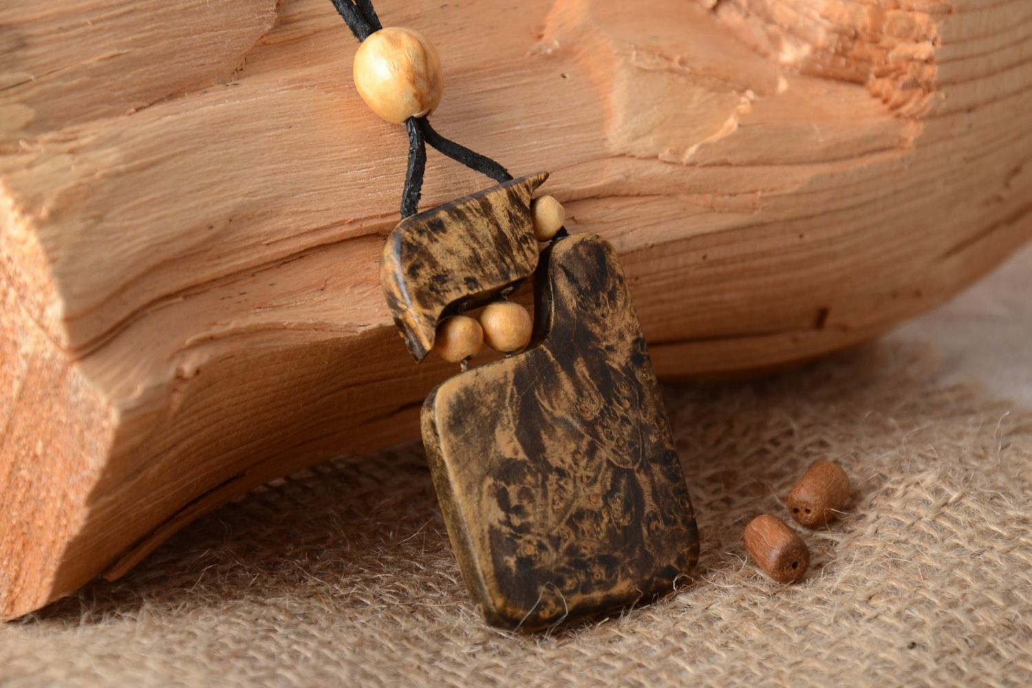 Handmade designer wooden neck pendant with cord in ethnic style for women photo 1