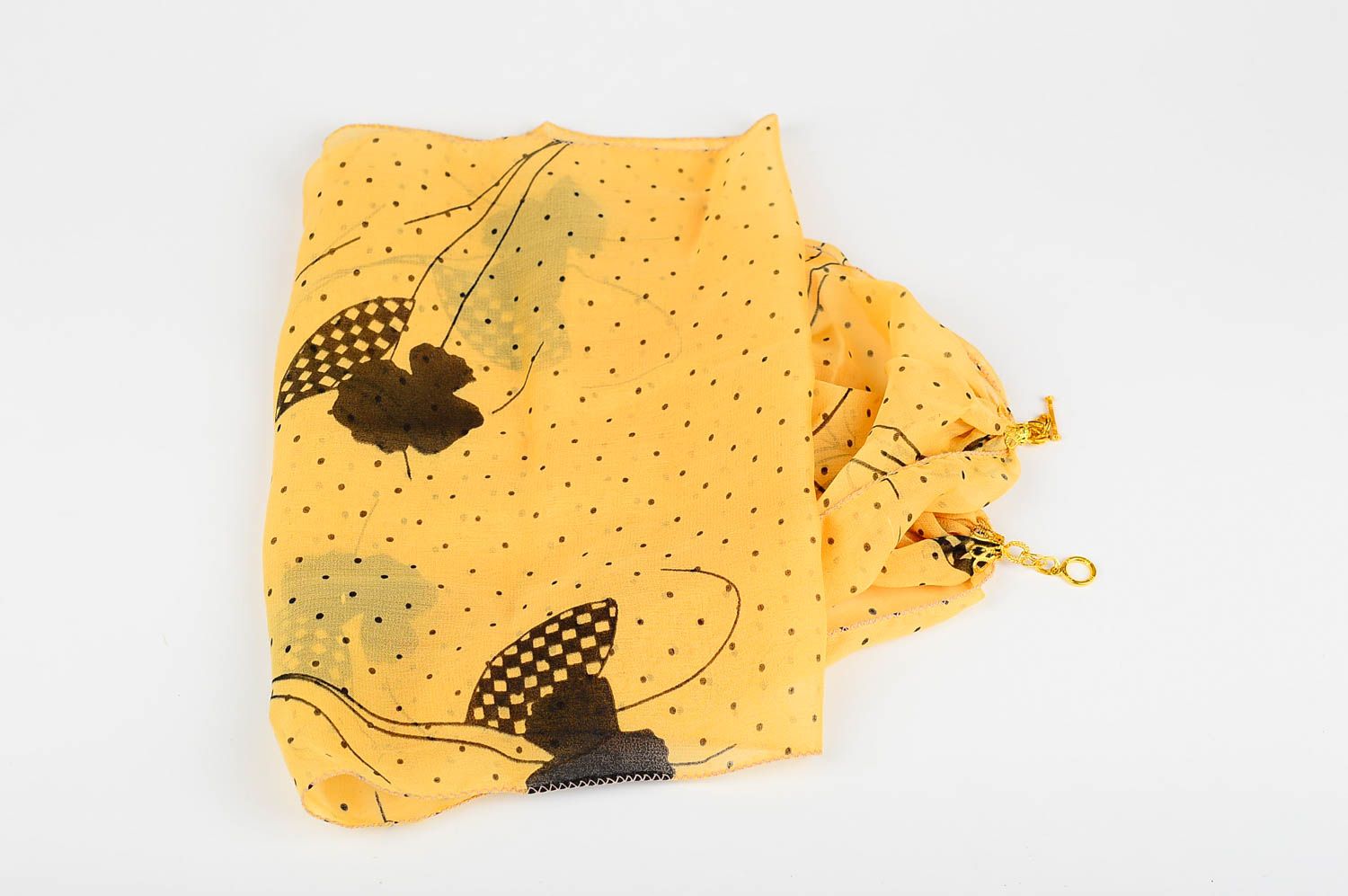 Шарф ручной работы женский шарф легкий шифоновый шарф желтый в горошек красивый фото 4