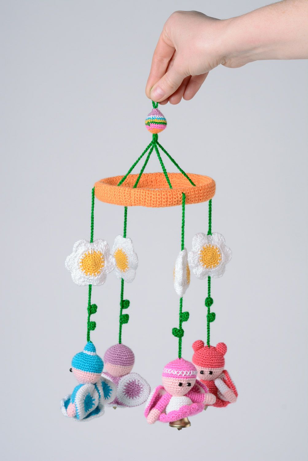 Colorful handmade baby cot hanging toy mobile crib crocheted of cotton threads photo 1