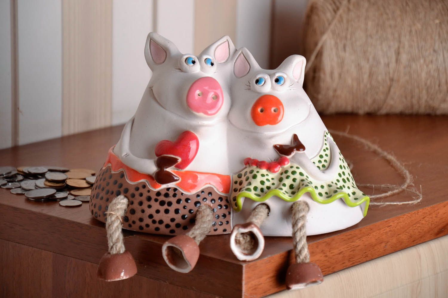 Tirelire en céramique faite main Couple de cochons photo 3