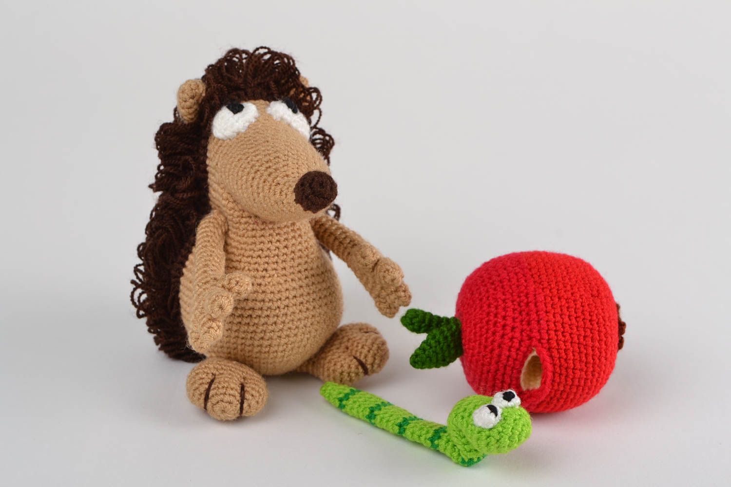 Decorative soft crocheted handmade toys hedgehog with apple and worm 3 pieces photo 3