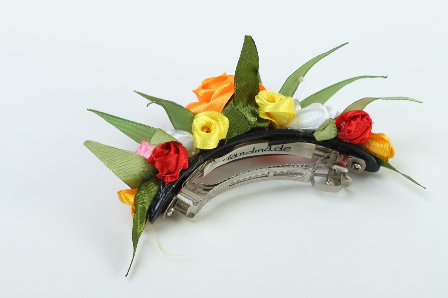 Аксессуар для волос украшение ручной работы заколка-автомат с цветами из атласа фото 2