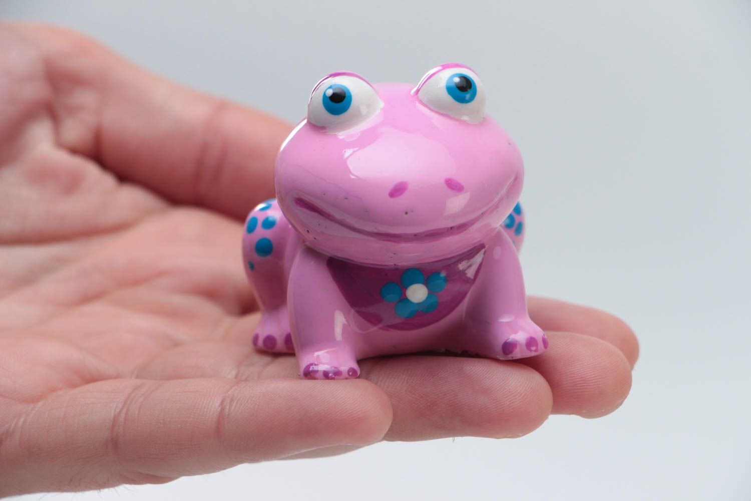 Unusual pink handmade collectible plaster statuette of frog photo 5