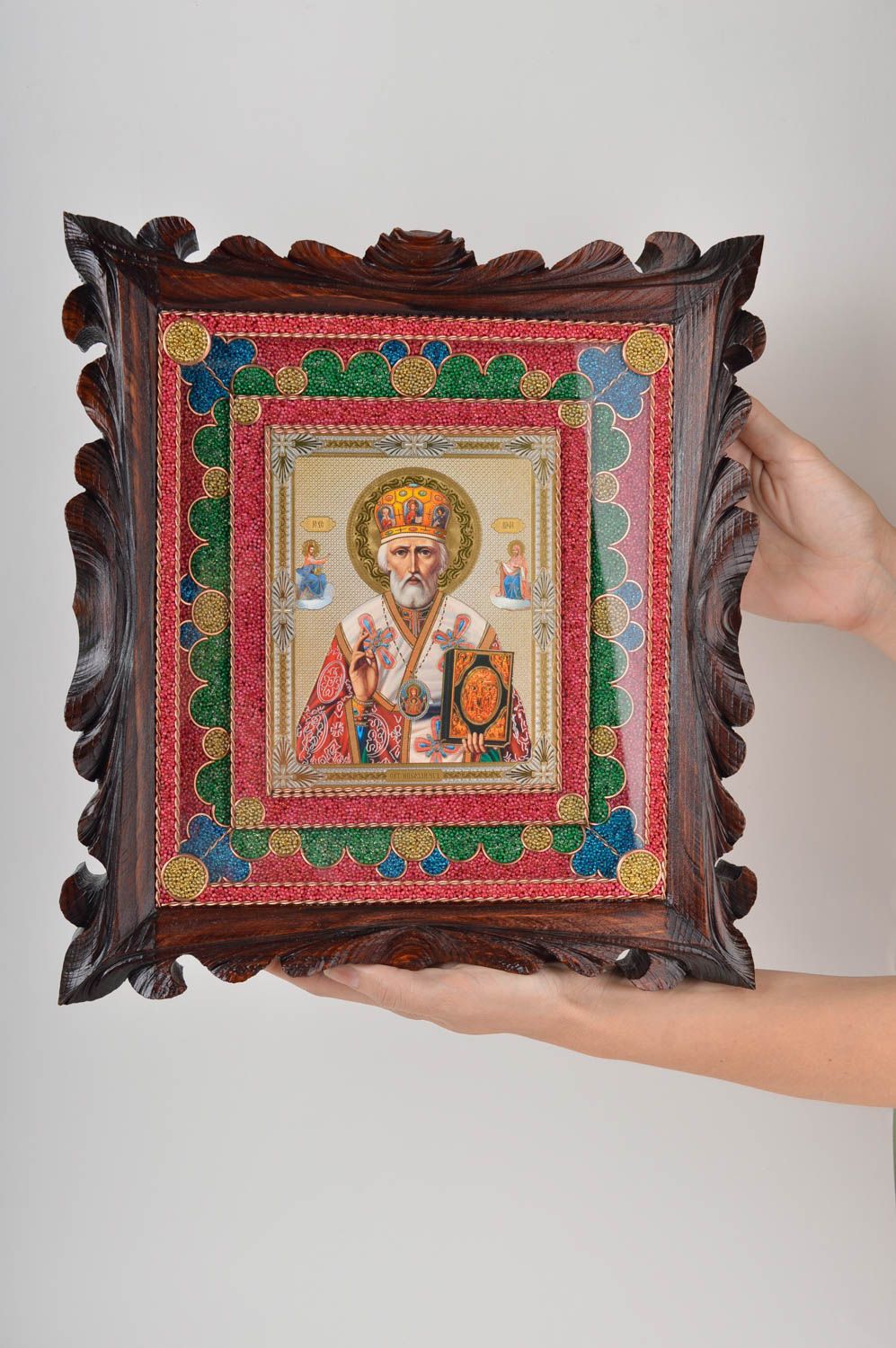 Handmade icon framed icon of Saint Nicholas icon in wooden frame icon of saints  photo 1