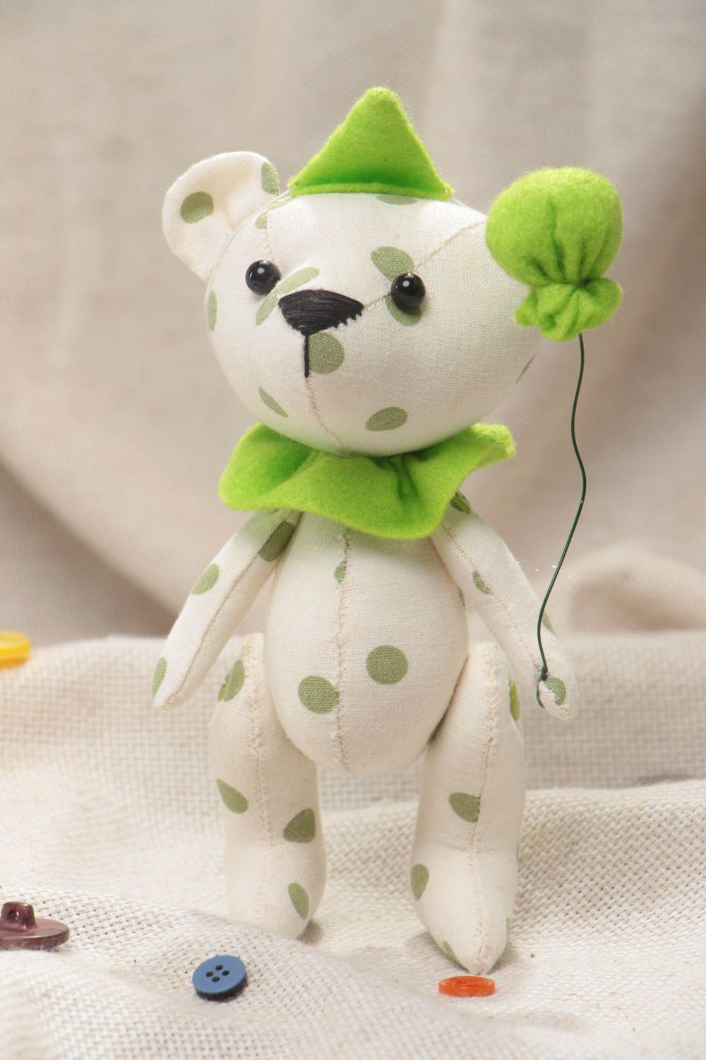 Handmade small light polka dot fabric soft toy bear with green air balloon photo 1