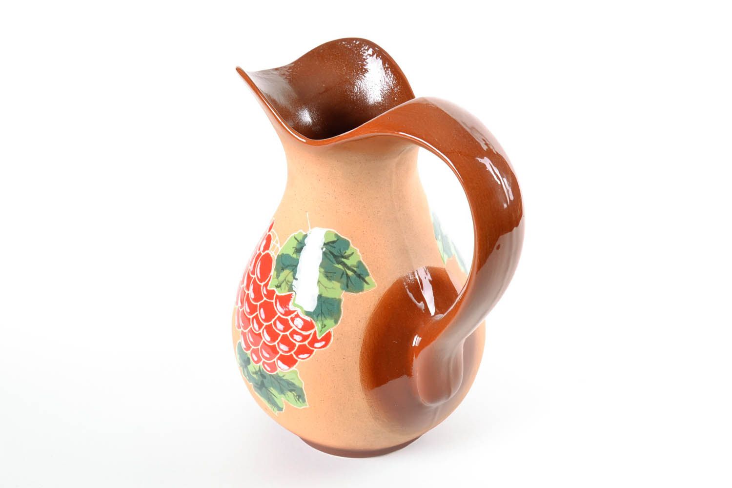 Large 100 oz ceramic wine pitcher with handle and grape pattern in brown color 4 lb photo 4