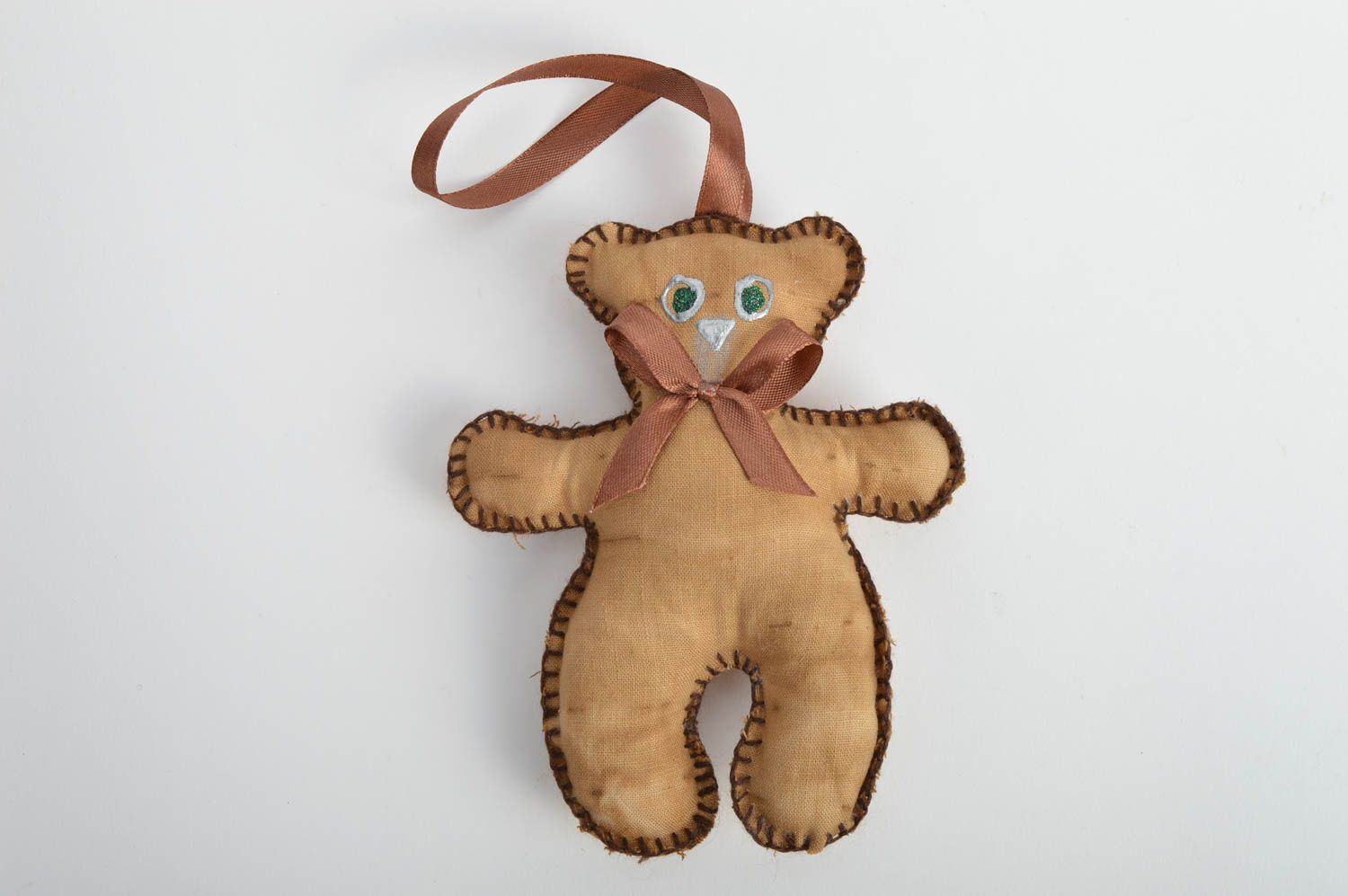 Handmade decorative fabric wall hanging soft toy brown bear with satin ribbon photo 3