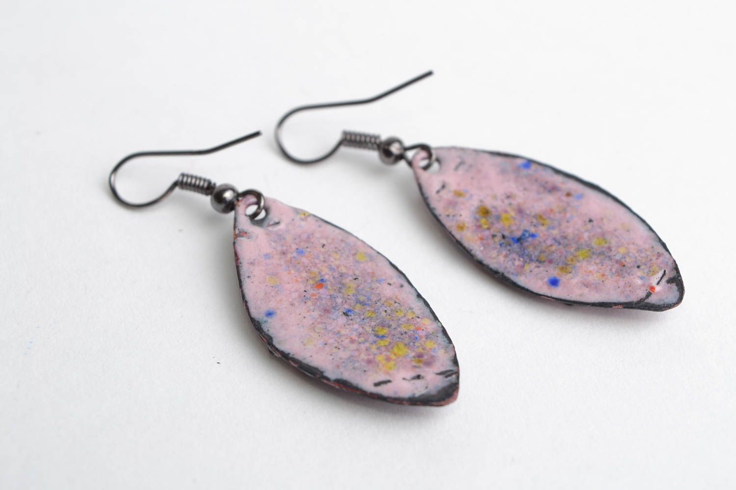 Handmade enameled copper dangling earrings with flower in blue and violet colors photo 5