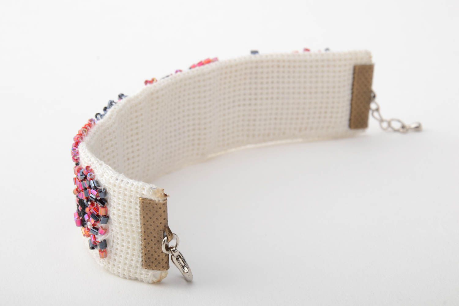 Black and pink handmade designer textile bracelet with embroidery and beads photo 3