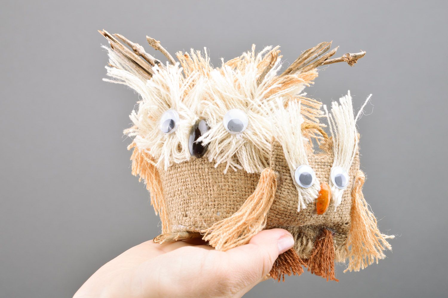 Set of 2 handmade souvenir toys sewn of burlap Owl with owlet for interior decor photo 1