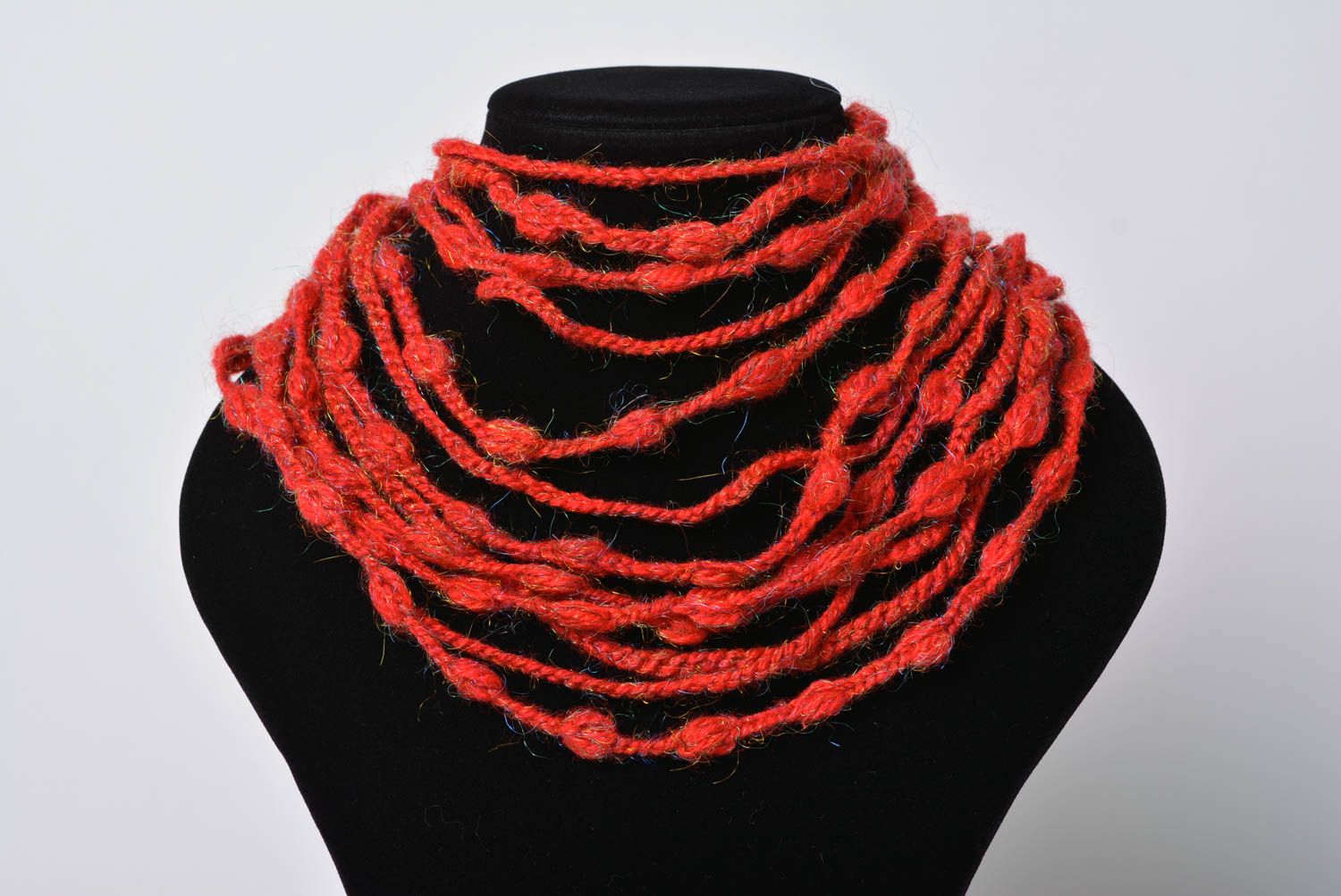 Handmade designer bright red crocheted semi woolen multi row bead necklace photo 1
