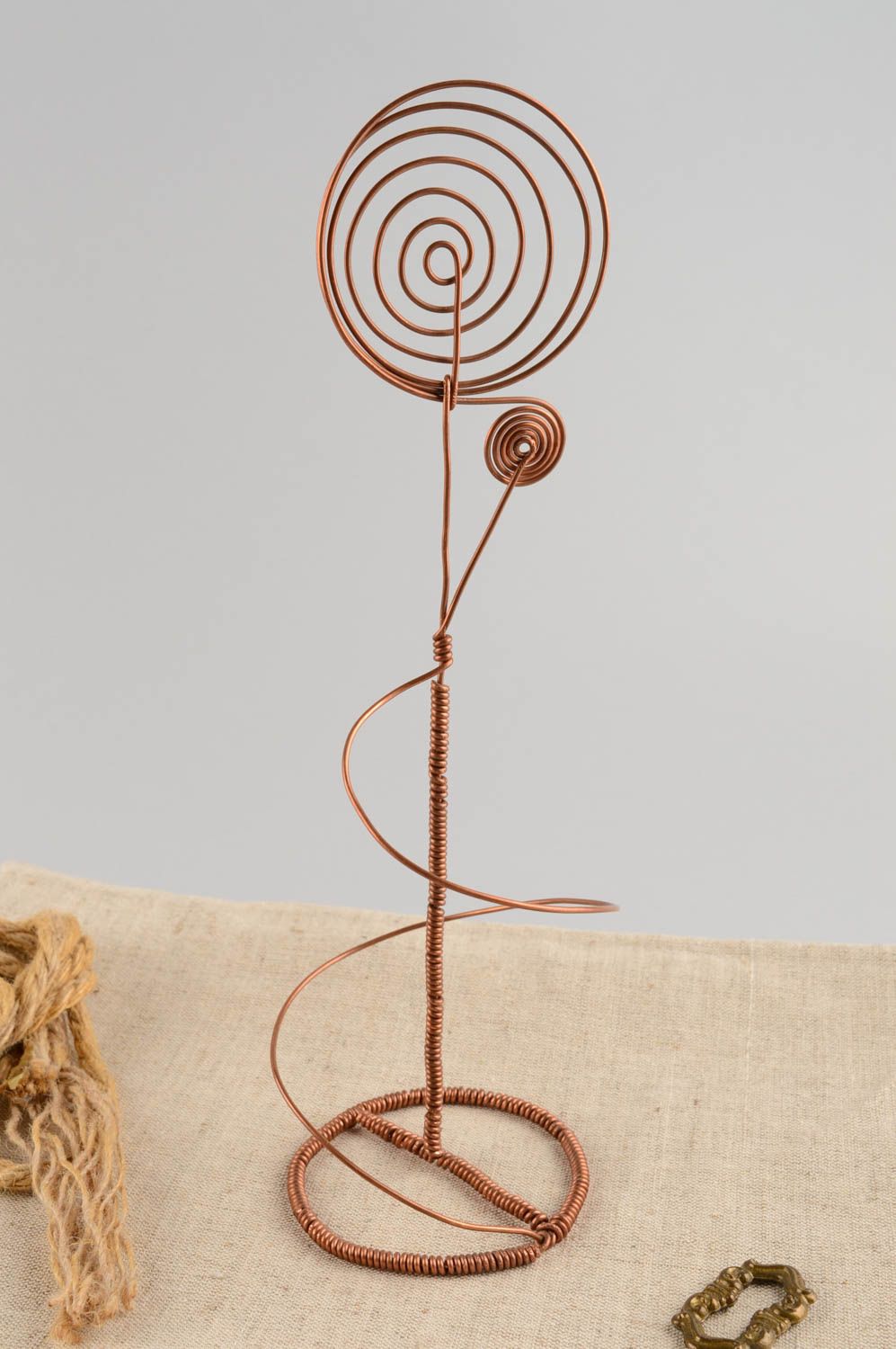 Handmade figurine made of wire unusual decorative flower made of copper photo 1