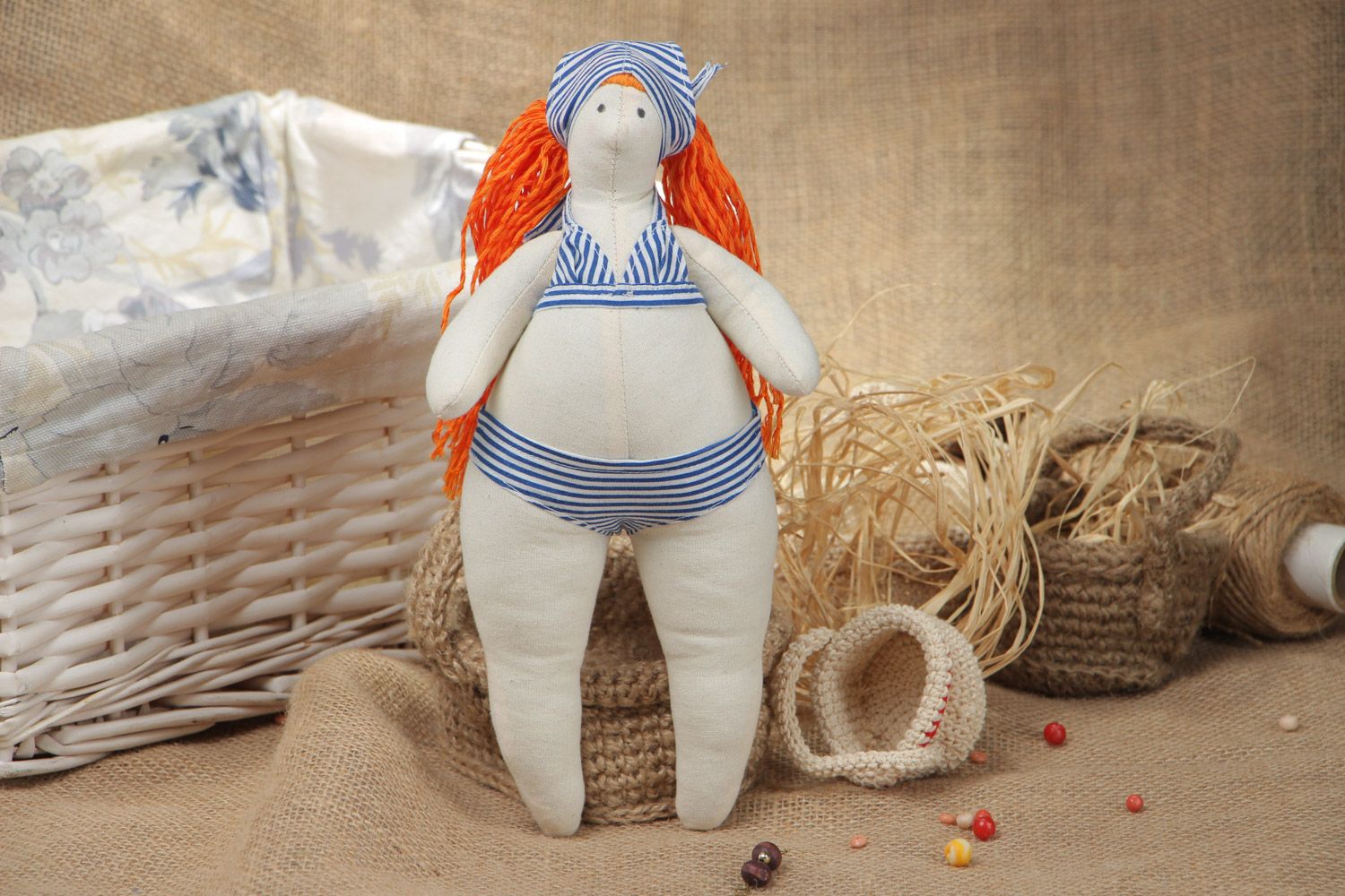 Handmade designer soft doll sewn of cotton with red hair in blue swimming suit photo 1