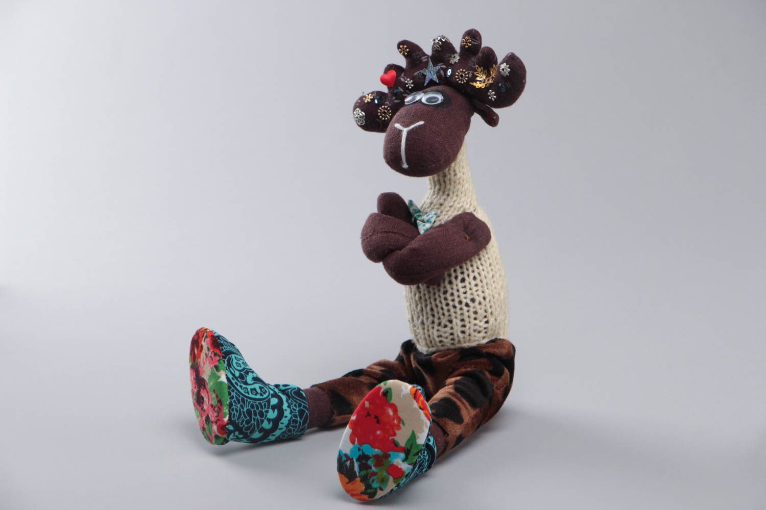 Handmade designer fabric soft toy Elk in knit vest and trousers with animal print photo 2