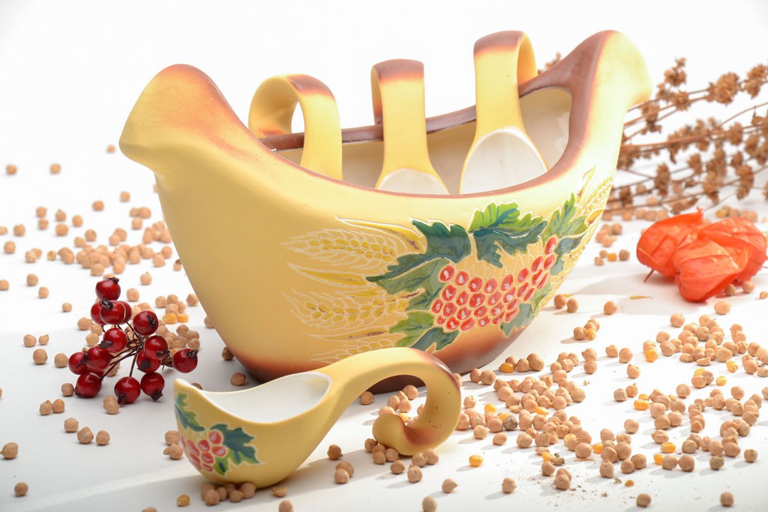 Decorative ceramic soup bowl ceramic table centerpiece with four ceramic spoons photo 1