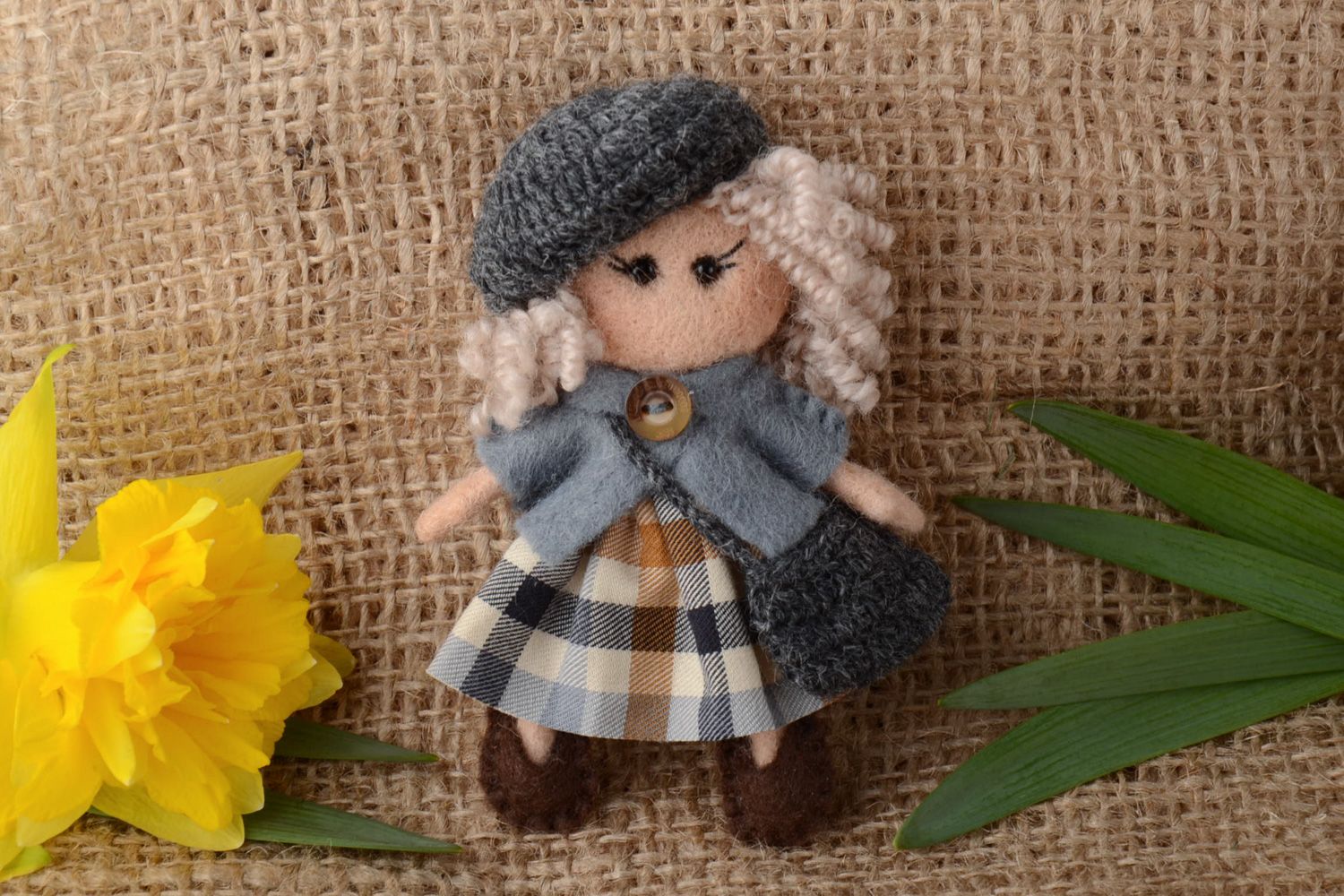 Handmade small felted wool toy doll in dress photo 1