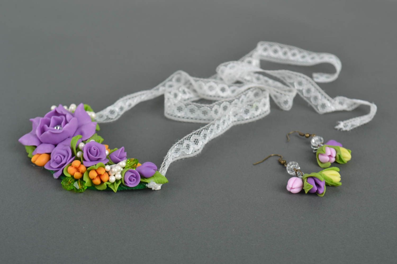 Flower jewelry set handmade necklace dangling earrings polymer clay gift for her photo 3