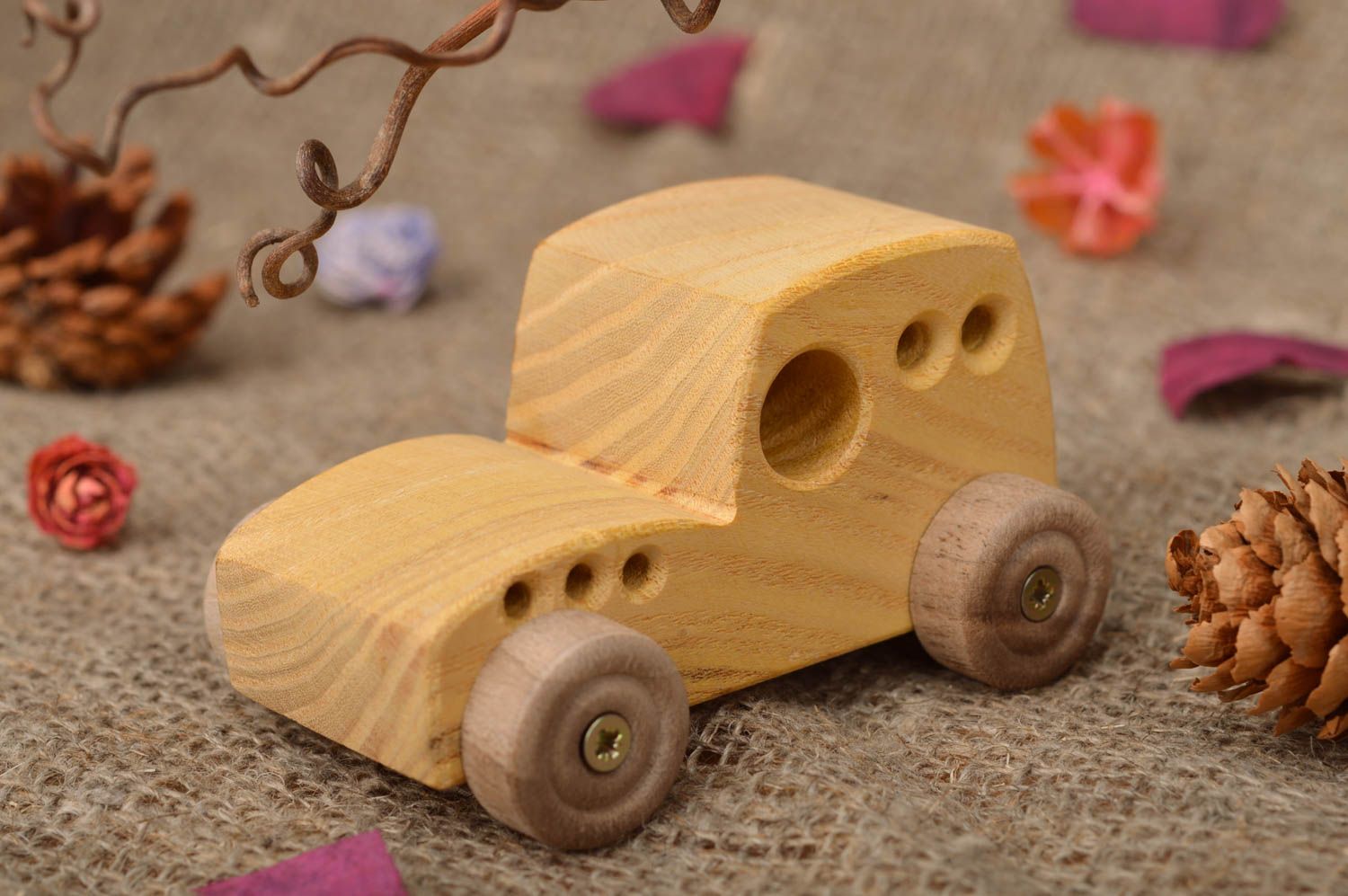 Eco friendly homemade designer children's wooden toy for boy Yellow Car photo 1