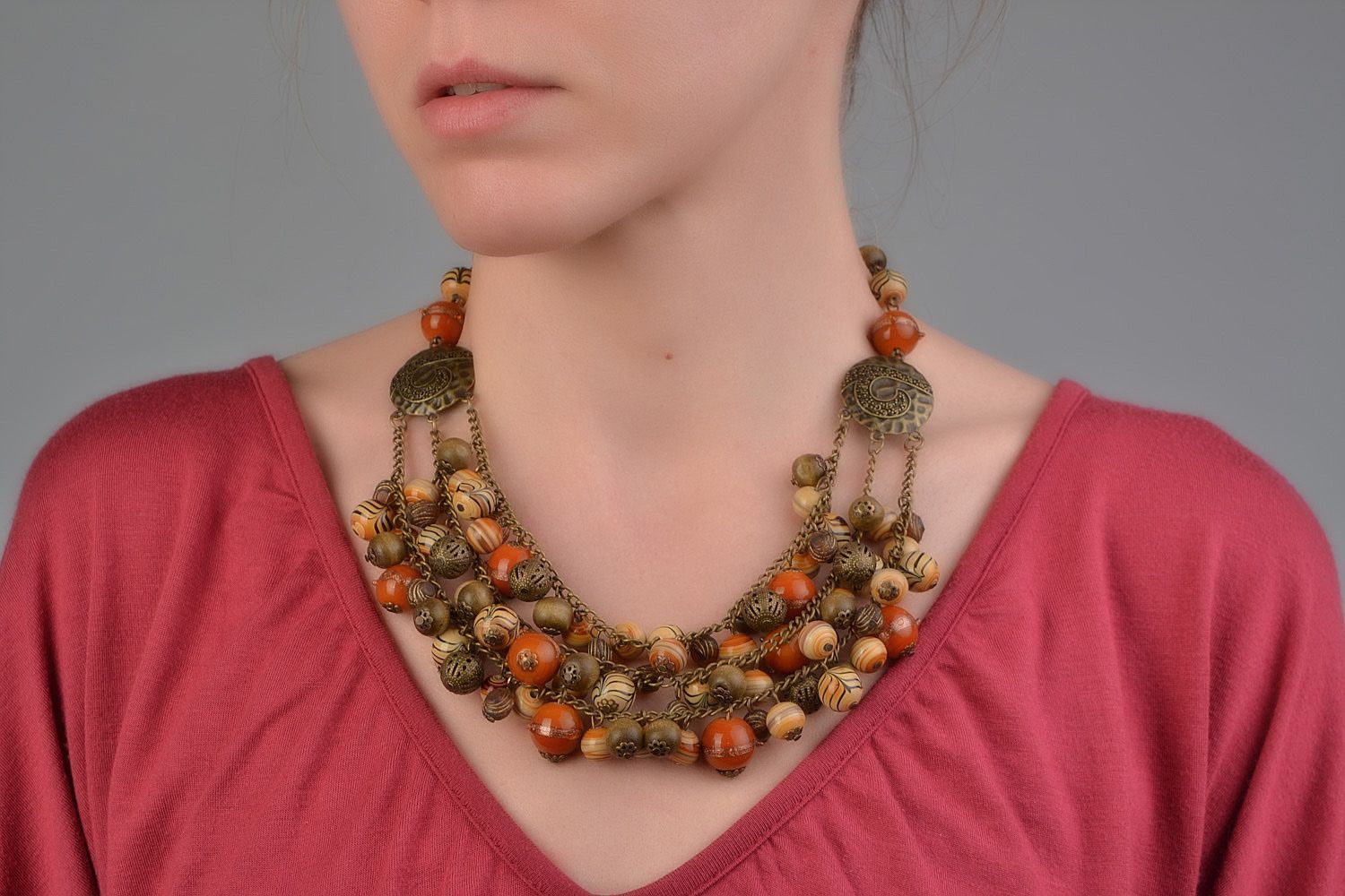 Handmade multi row ethnic necklace with wooden and lampwork glass beads photo 1