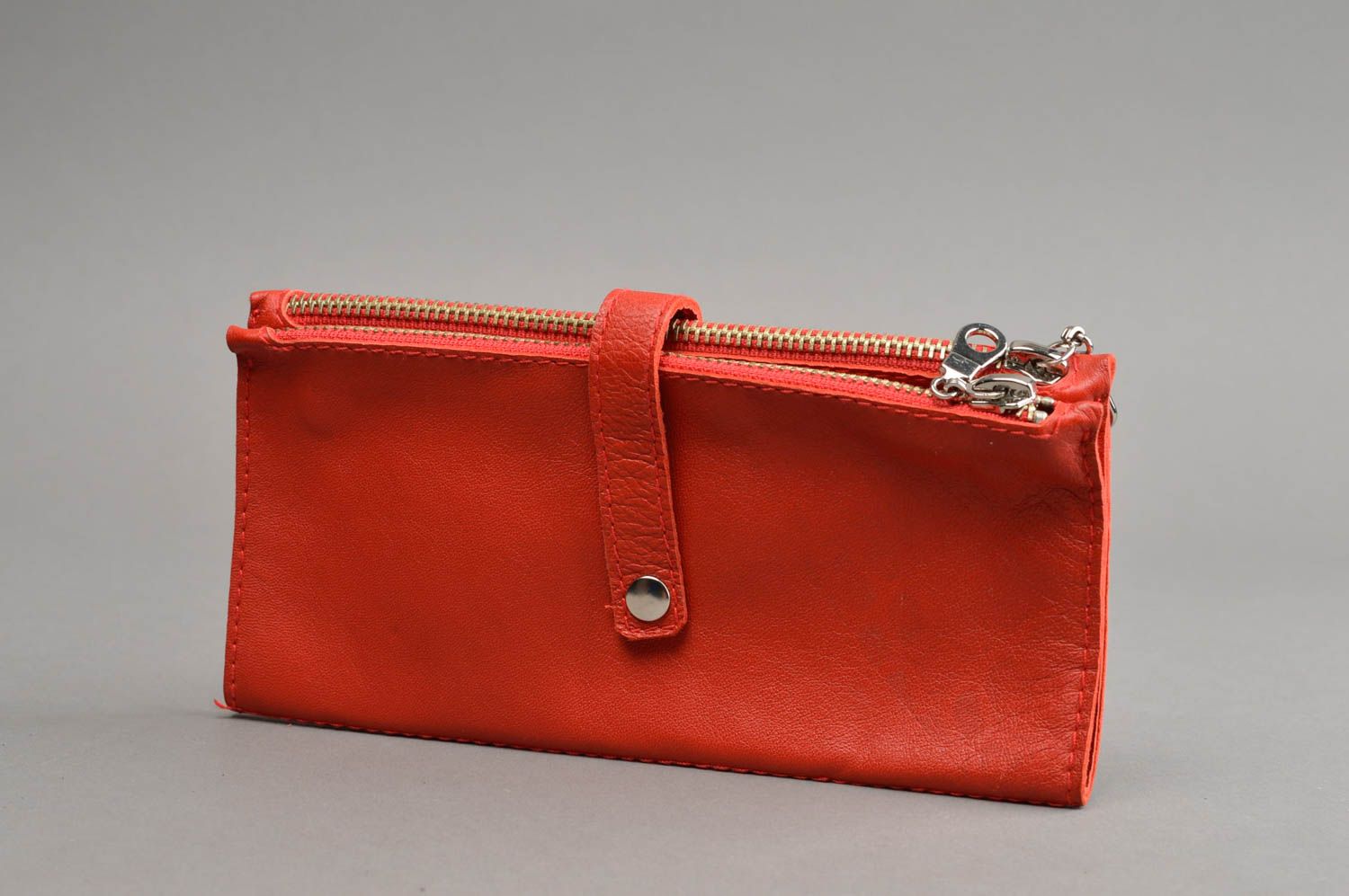 Кожаный кошелек прошитый вручную женский красного цвета ручной работы длинный фото 2