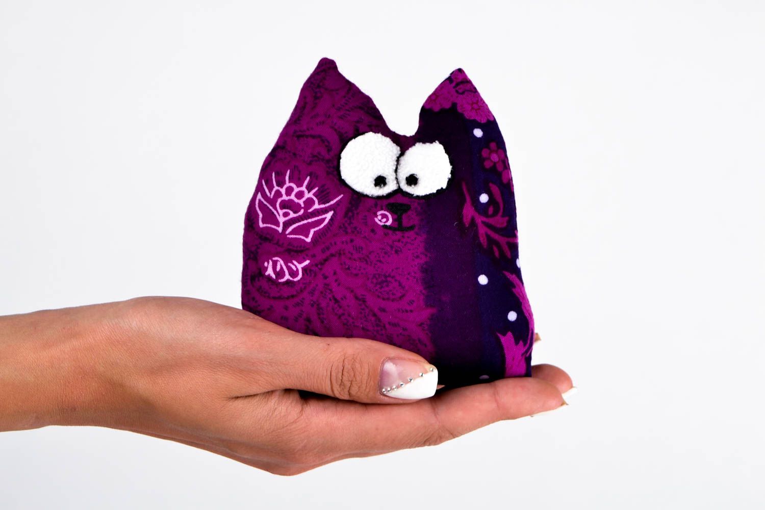Peluche chat violet Jouet fait main en coton et polaire Cadeau pour enfant photo 2