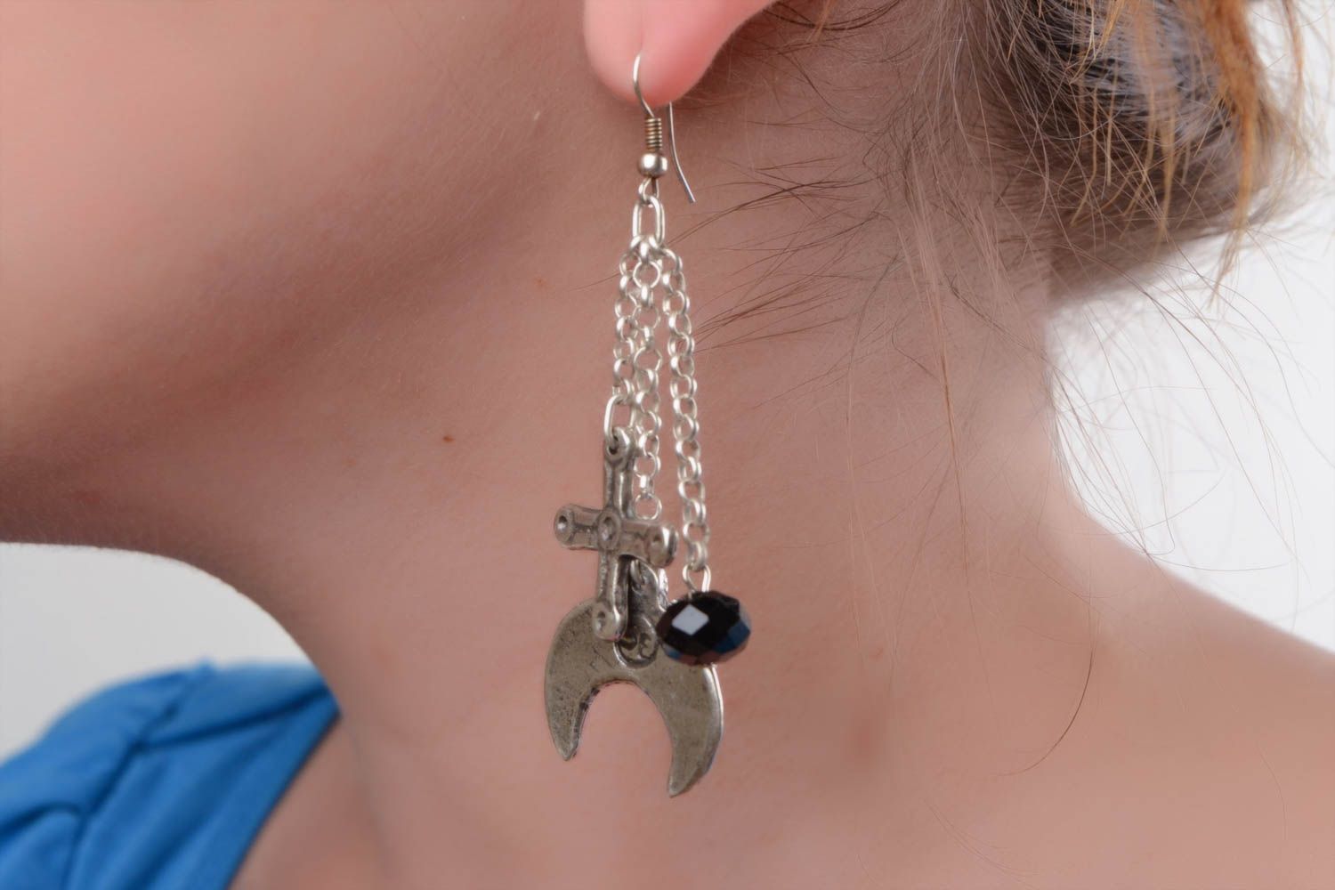 Handmade designer earrings with lunula sign cast of copper zinc aluminum alloy photo 2