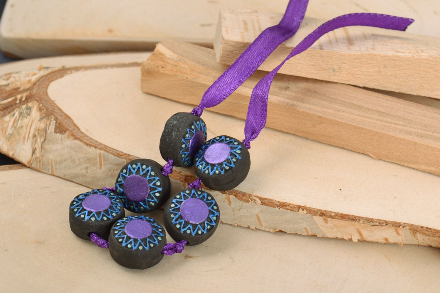 Black and violet handmade clay bracelet with flat beads and ribbon photo 1