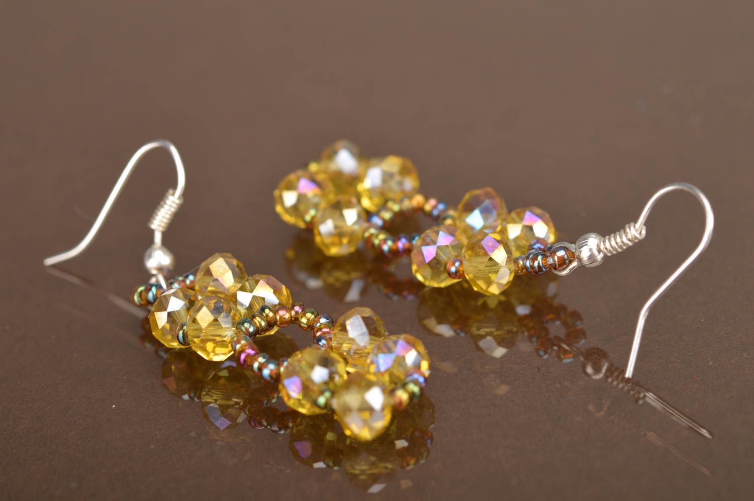 Handmade stylish yellow earrings charms made of Czech crystal and beads photo 5
