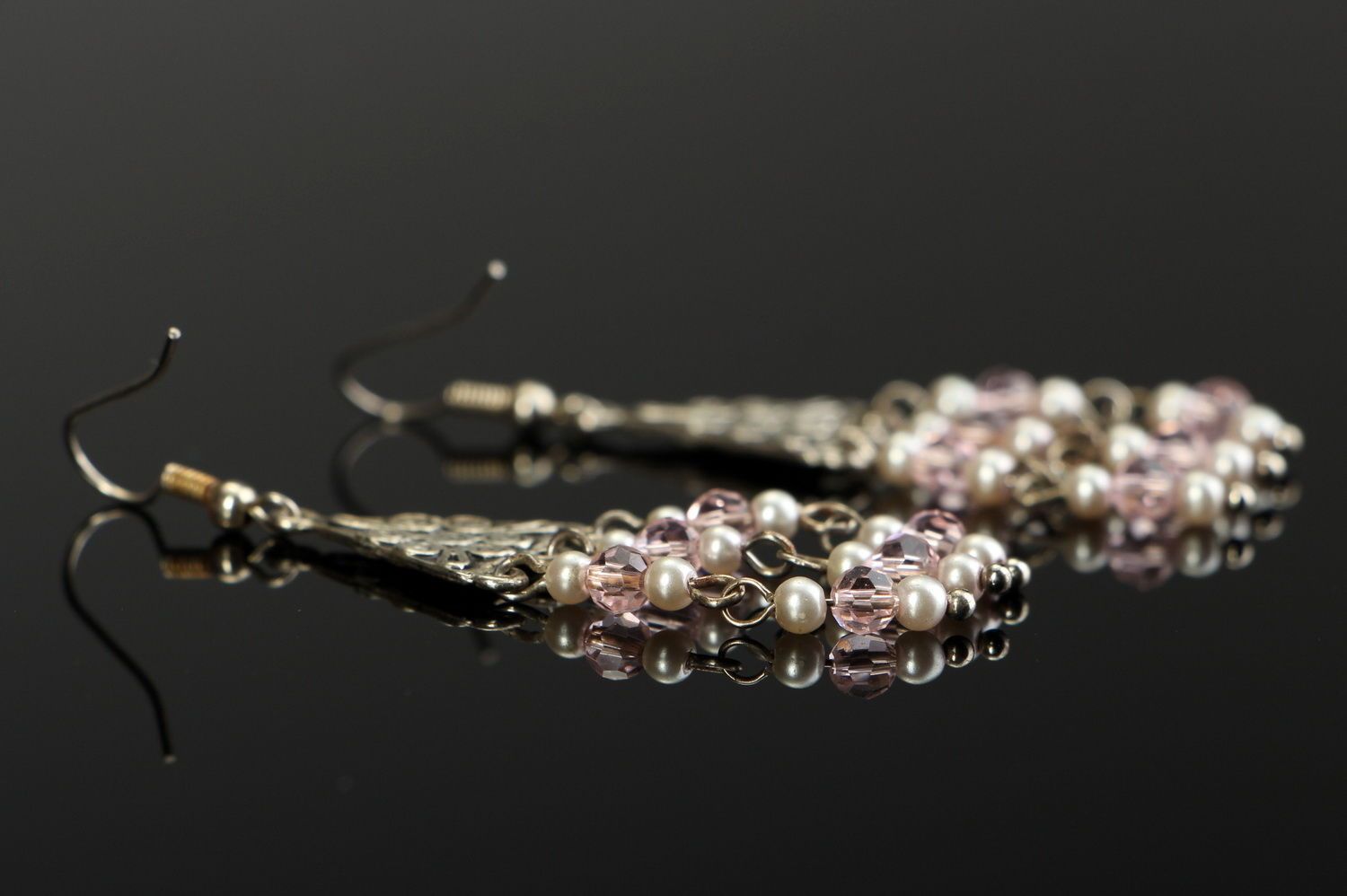 Long earrings with crystal and ceramic pearl photo 1