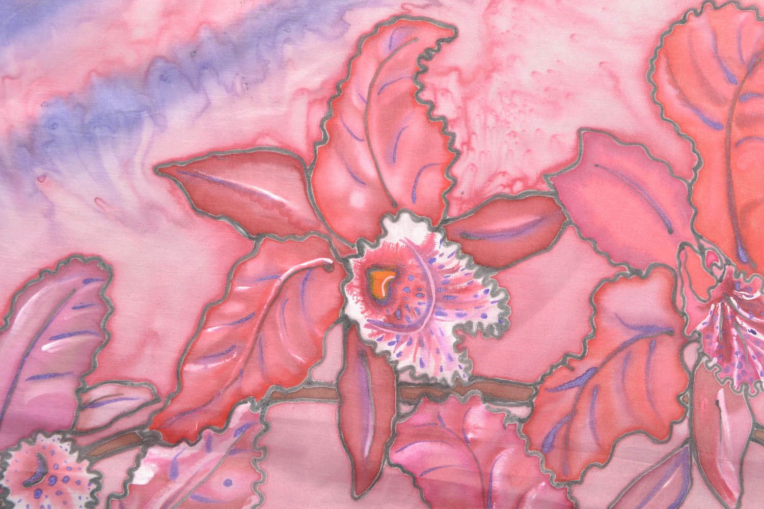 Foulard rose en soie Orchidées roses photo 4
