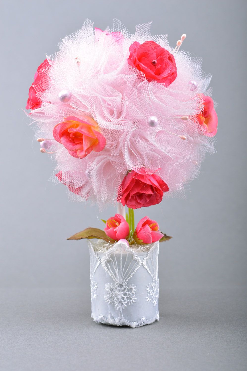 Handmade white and pink tulle topiary with artificial flowers pearls and ribbons photo 2