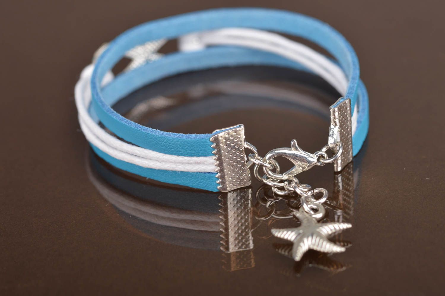 Bracelet en cuir naturel fait main bleu symbole de l'infini avec strass photo 3