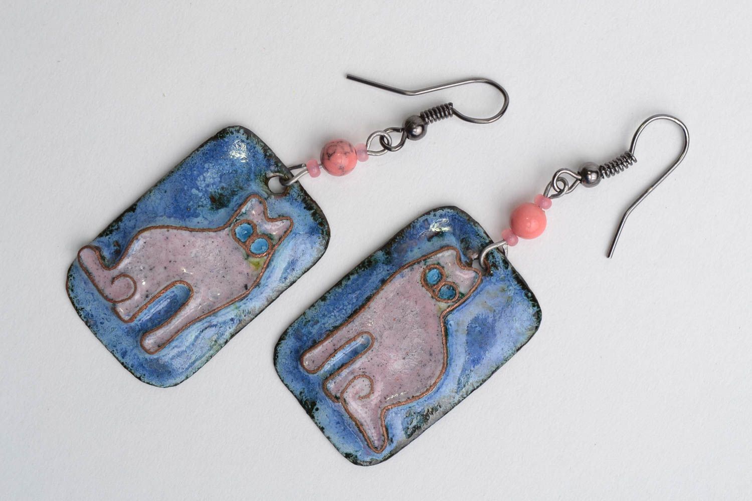 Blaue Ohrringe aus Kupfer handmade mit Emaillen Katzen in Lila für Mode Damen foto 1