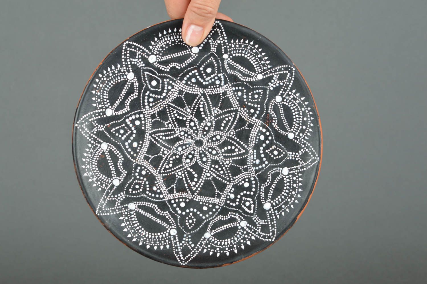 Handmade designer round ceramic plate for home decor black with dot painting photo 2