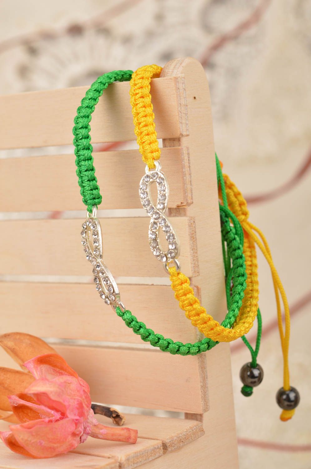 Set of handmade bracelets made of threads yellow and green 2 pieces for girls photo 1