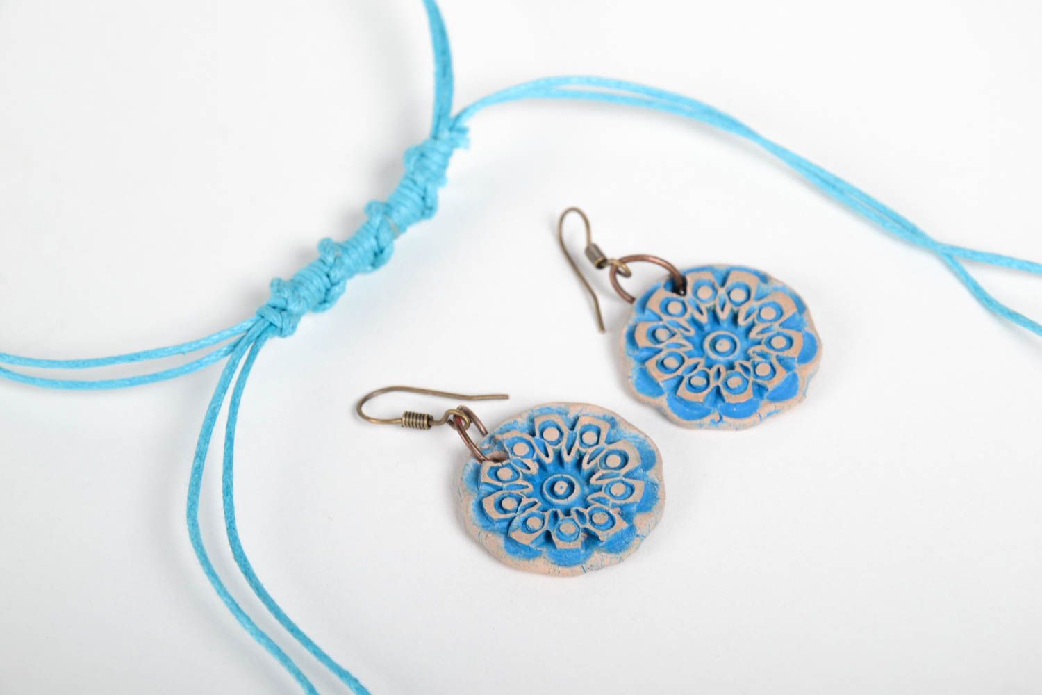 Handmade Schmuck Set aus Ton Blumen Ohrringe Ketten Anhänger blau ethno foto 3
