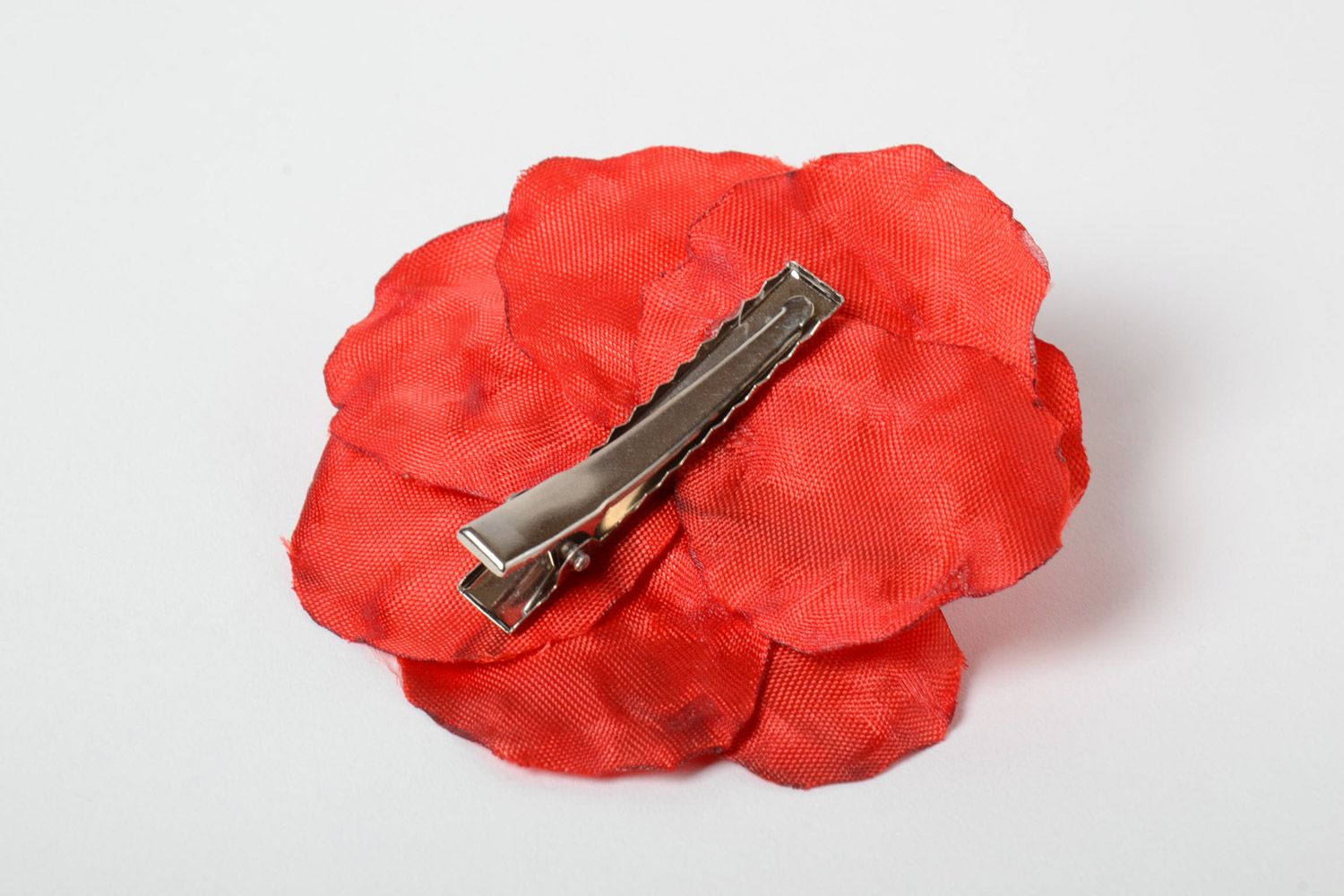 Handmade hair clip with volume red poppy flower made of satin ribbons  photo 5