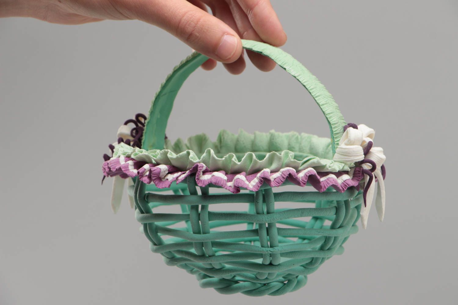 Handmade small decorative polymer clay basket in green and violet colors photo 5
