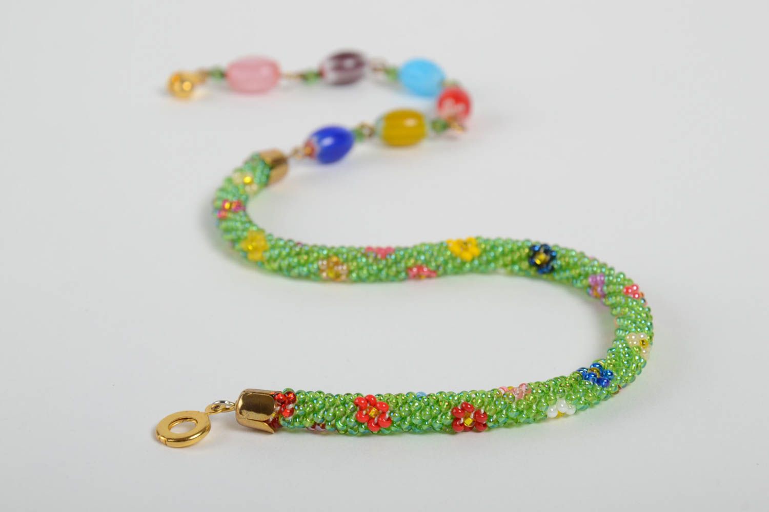 Collier spirale Bijou fait main Cadeau femme vert motif floral perles rocaille photo 5