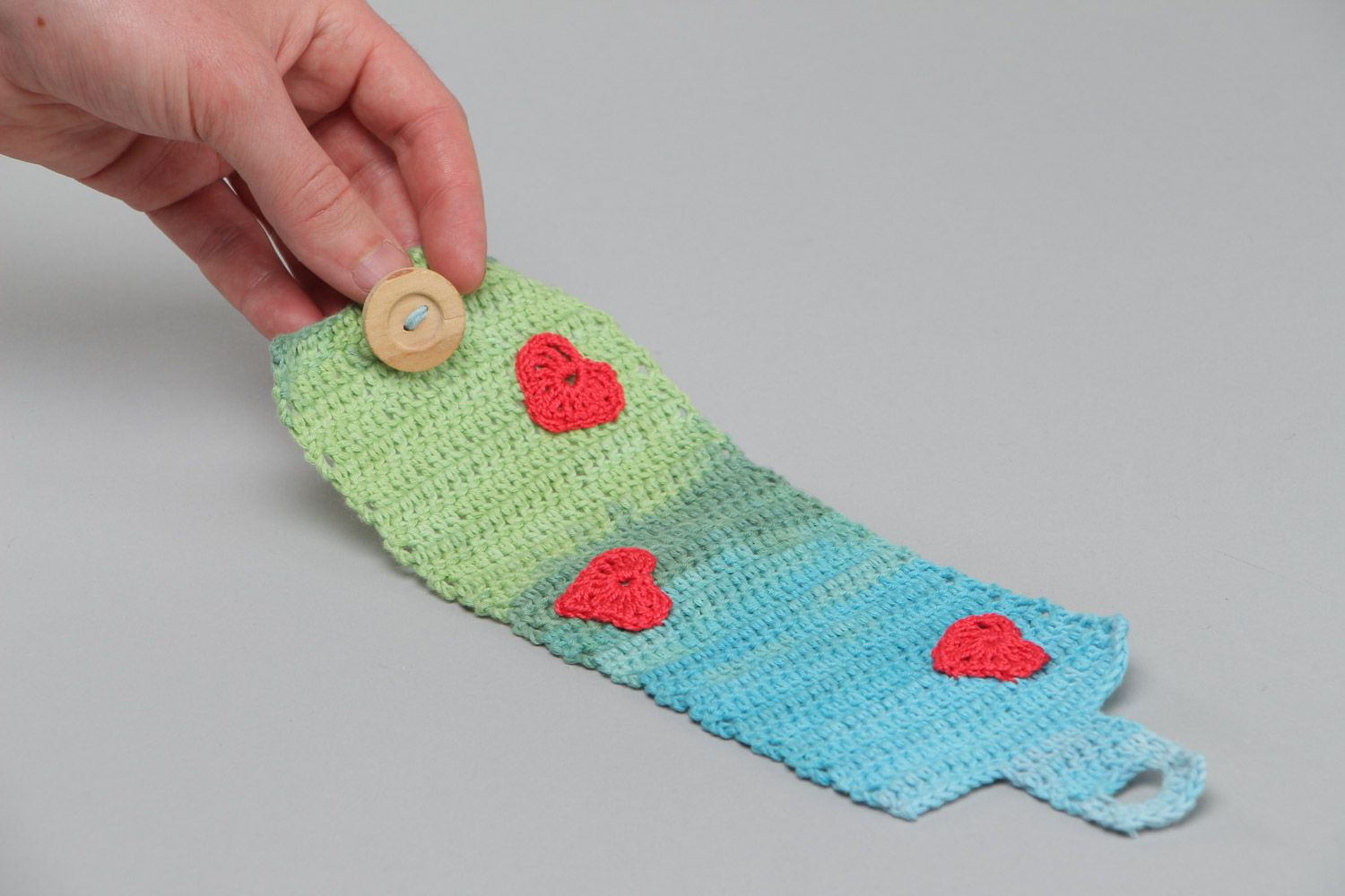 Вязаный свитер на чашку крючком из хлопка ручной работы голубо-зеленый фото 5