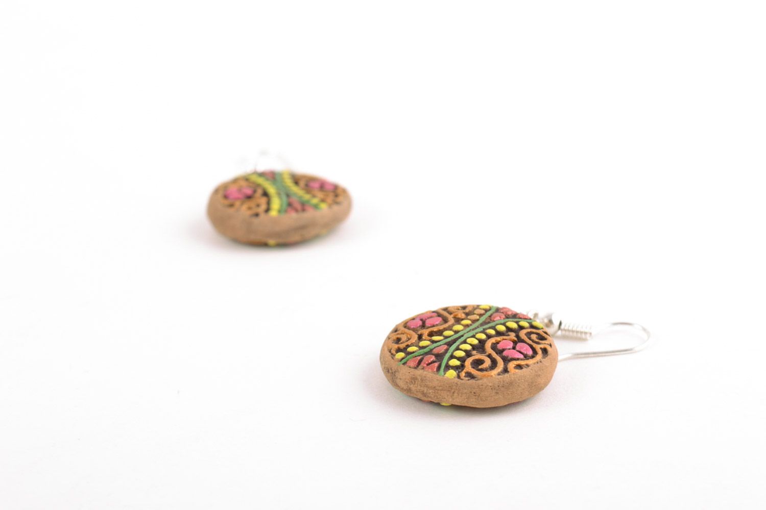 Handmade women's clay round earrings with acrylic painting photo 3