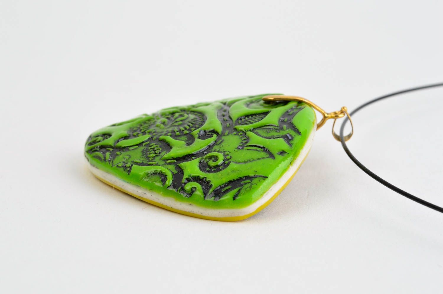 Handmade polymer clay pendant designer accessory necklace with pattern photo 3