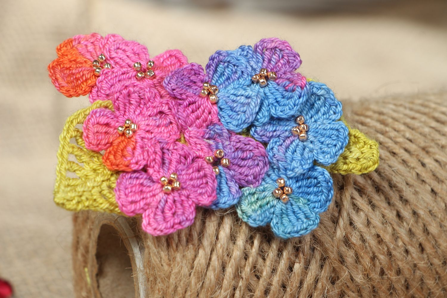 Multi-colored crochet flower brooch photo 5