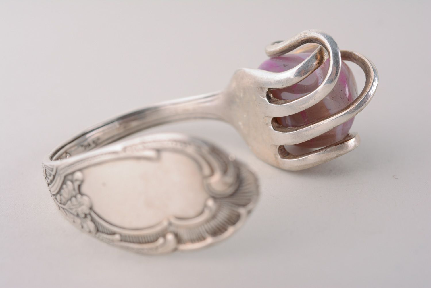 Beautiful handmade metal fork bracelet with natural stone photo 4