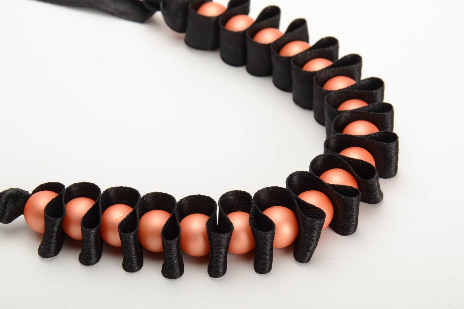 Handmade black wrist bracelet woven of satin ribbon and glass beads Lady photo 2