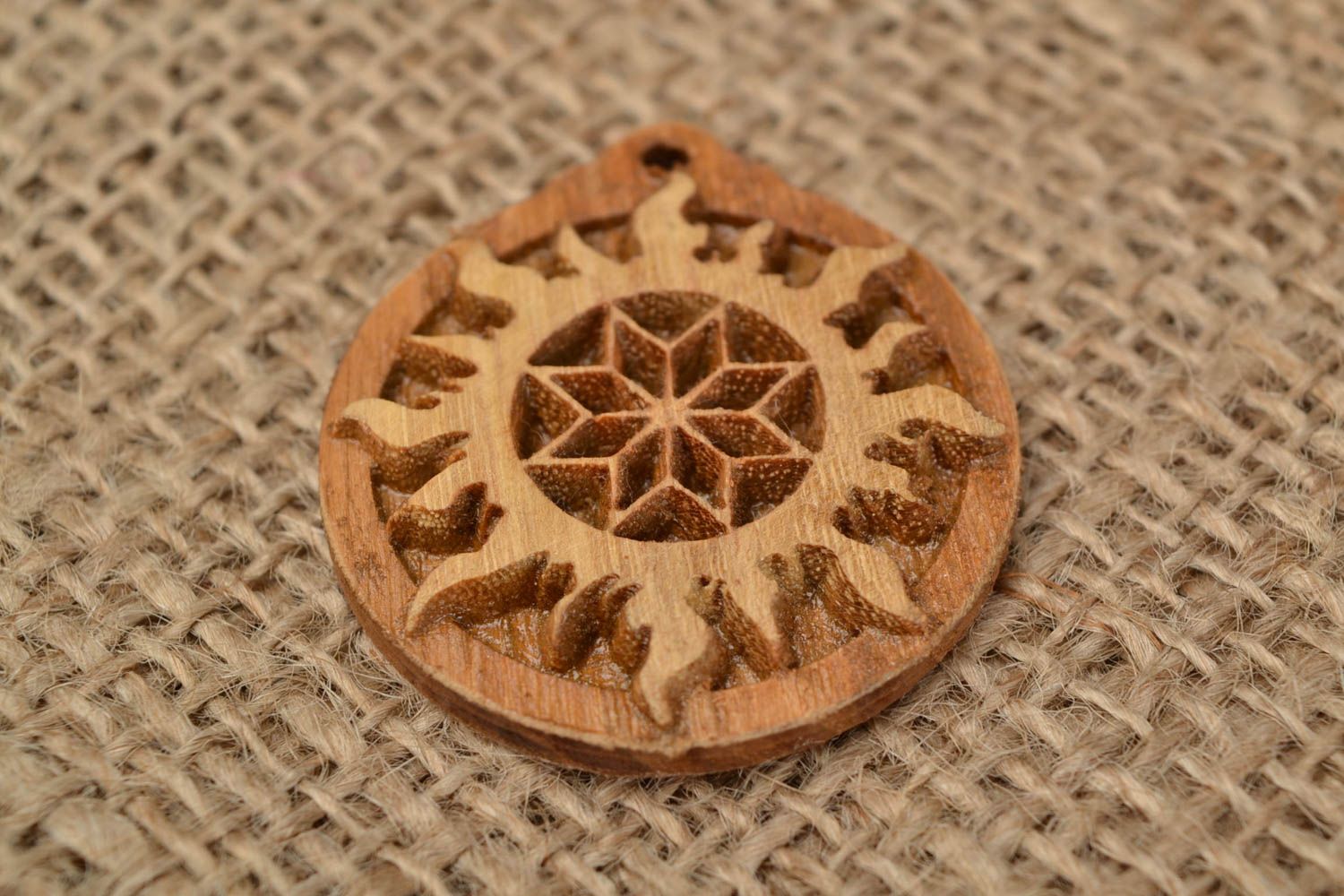 Handmade carved pendant Slavonic symbol Alatyr in Sun made of ash wood  photo 1