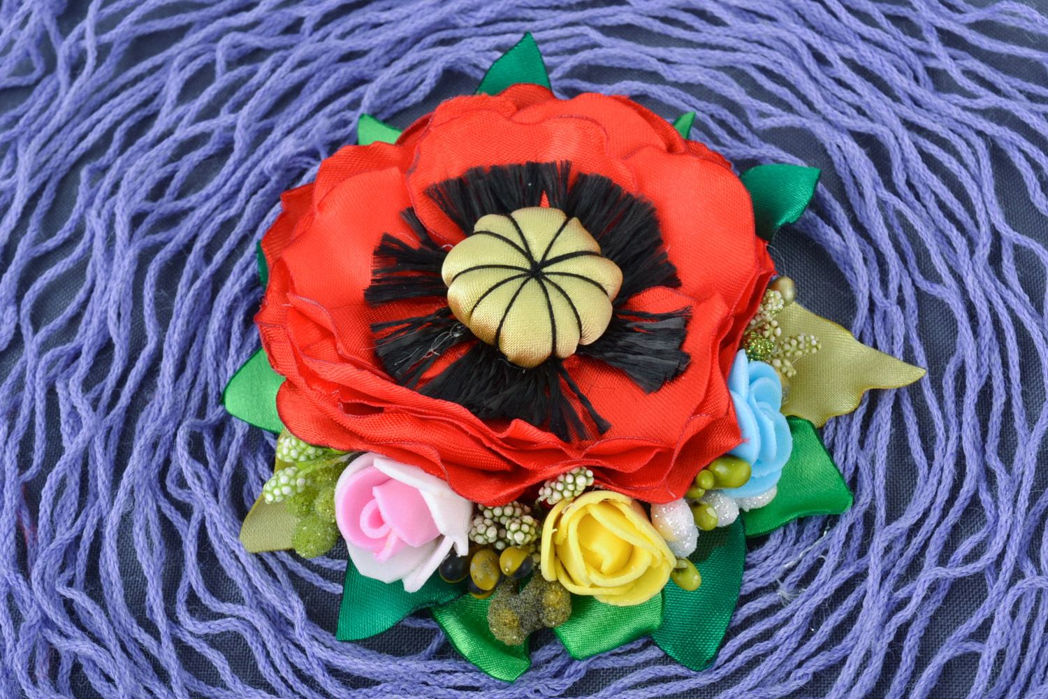 Handmade large volume colorful floral hair clip with satin ribbons and felt photo 1